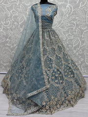 Adorable Blue Thread Work Net Bridesmaid Lehenga Choli With Dupatta - Ethnic Plus In