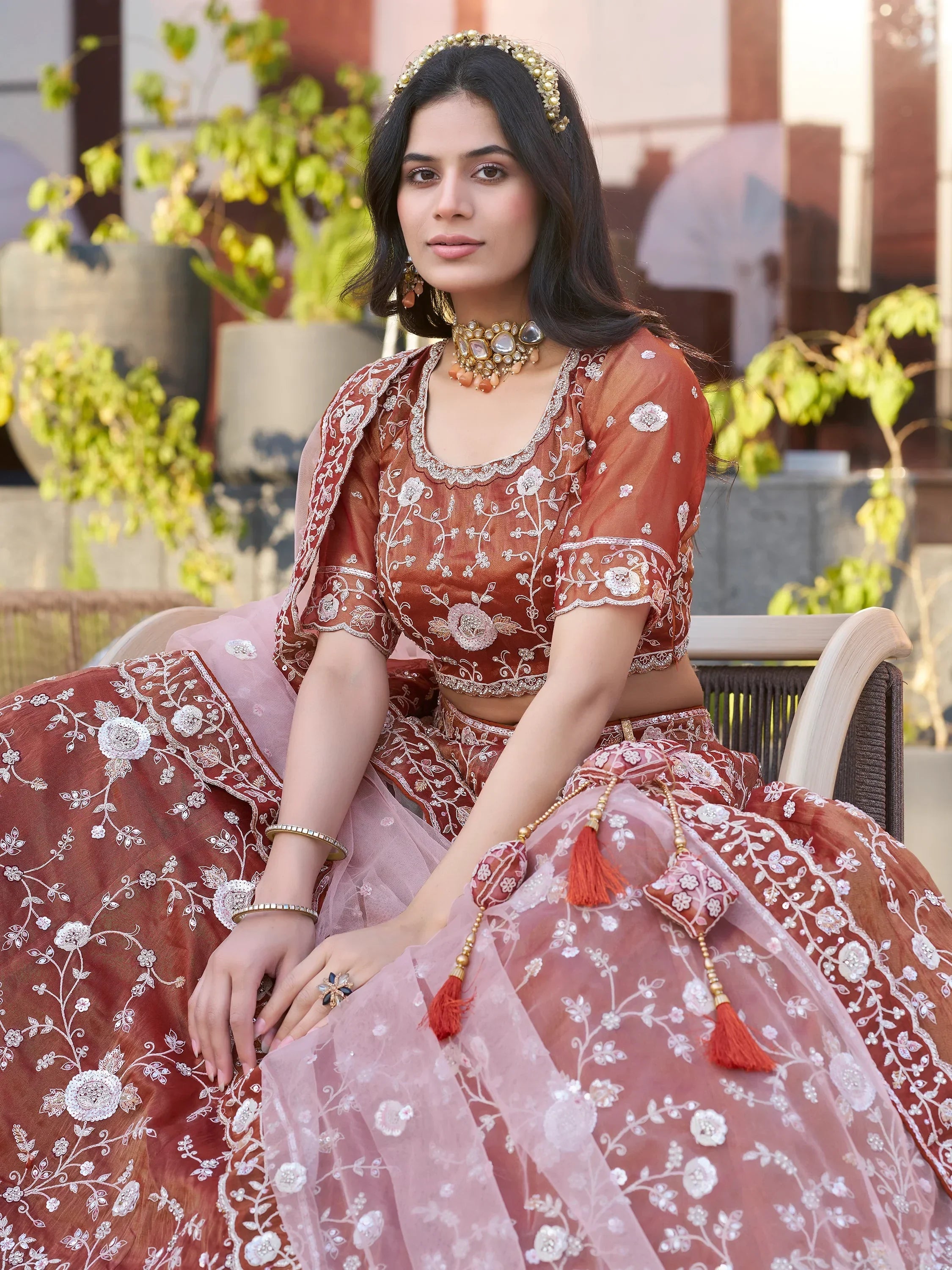 Elegant Indian lehenga choli with floral embroidery, perfect for weddings and festivals