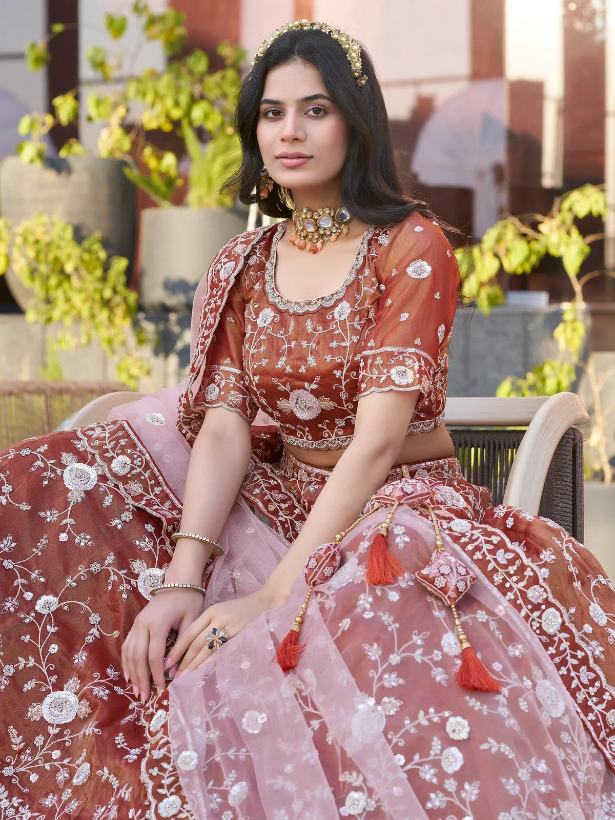 Elegant Indian lehenga choli with floral embroidery, perfect for weddings and festivals