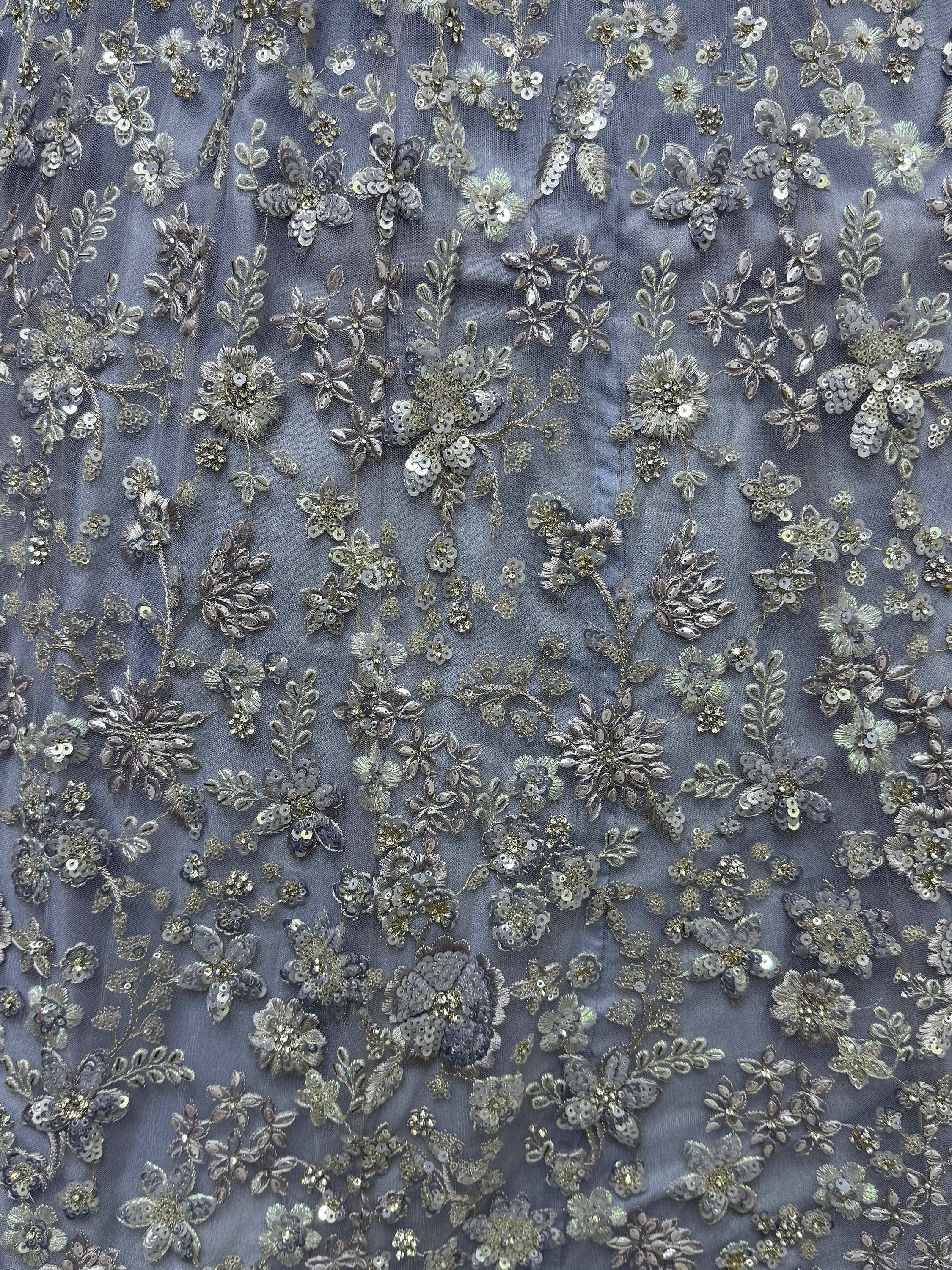 Grey floral embroidered fabric with silver sequins for designer ethnic wear