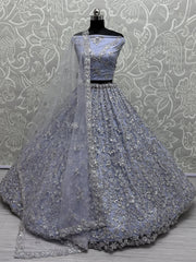 Adorable Dusty Blue Sequins Work Net Bridesmaid Lehenga Choli - Ethnic Plus In