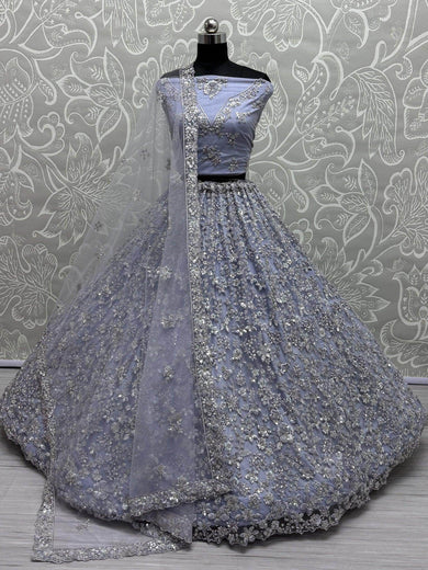 Adorable Dusty Blue Sequins Work Net Bridesmaid Lehenga Choli - Ethnic Plus In
