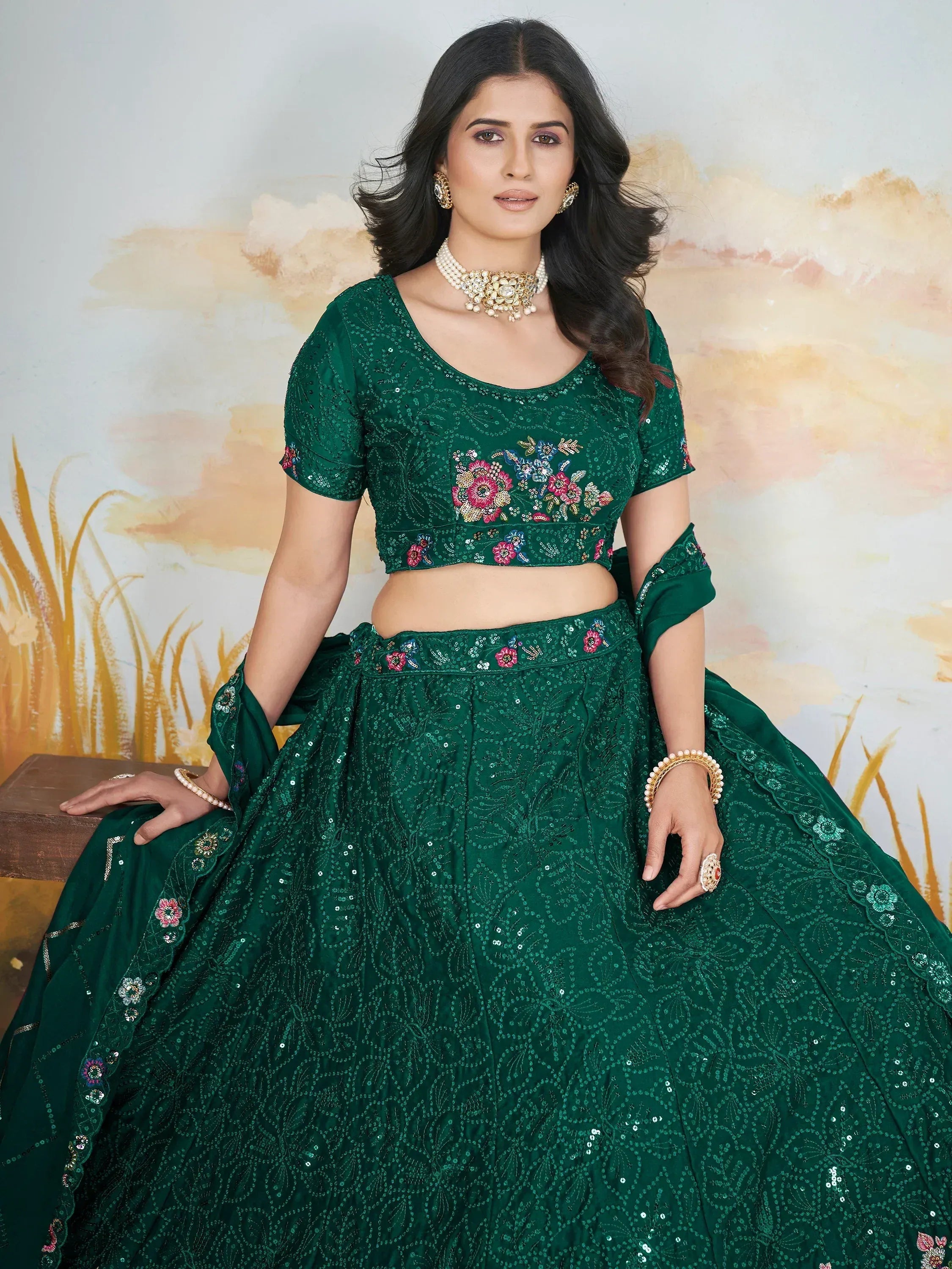 Emerald green embroidered lehenga choli with floral sequin work, perfect for Indian ethnic occasions