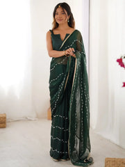 Adorable Green Sequins Designer Saree With Blouse - Ethnic Plus In