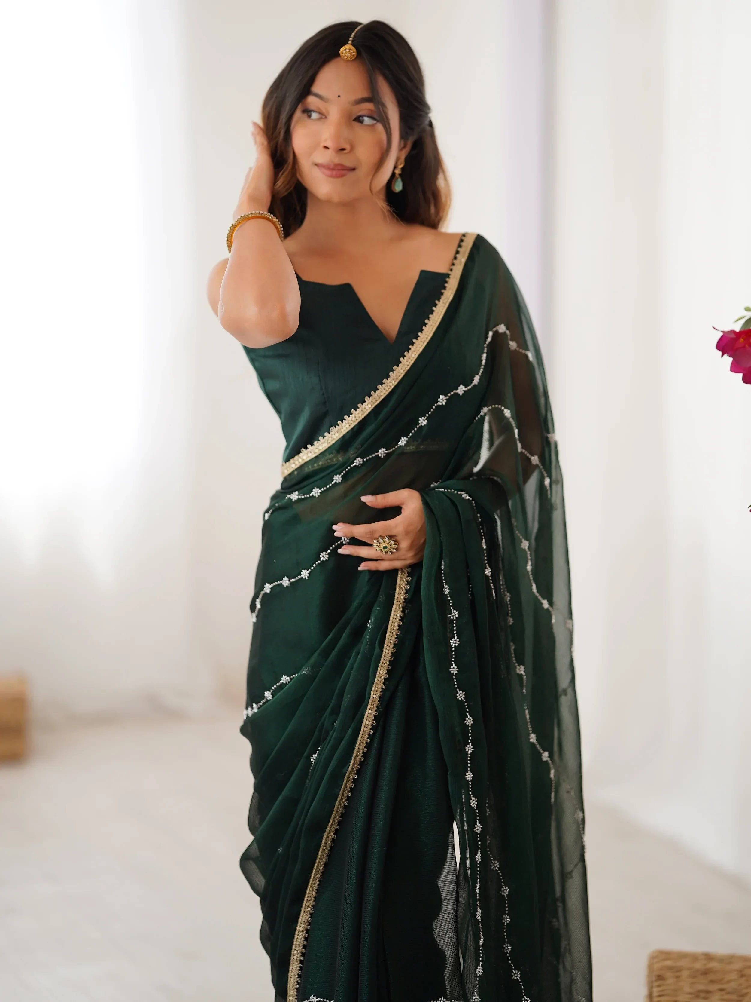 Adorable Green Sequins Designer Saree With Blouse - Ethnic Plus In