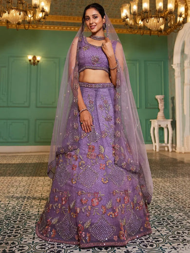 Adorable Lavender Embroidered Net Designer Lehenga Choli - Ethnic Plus In
