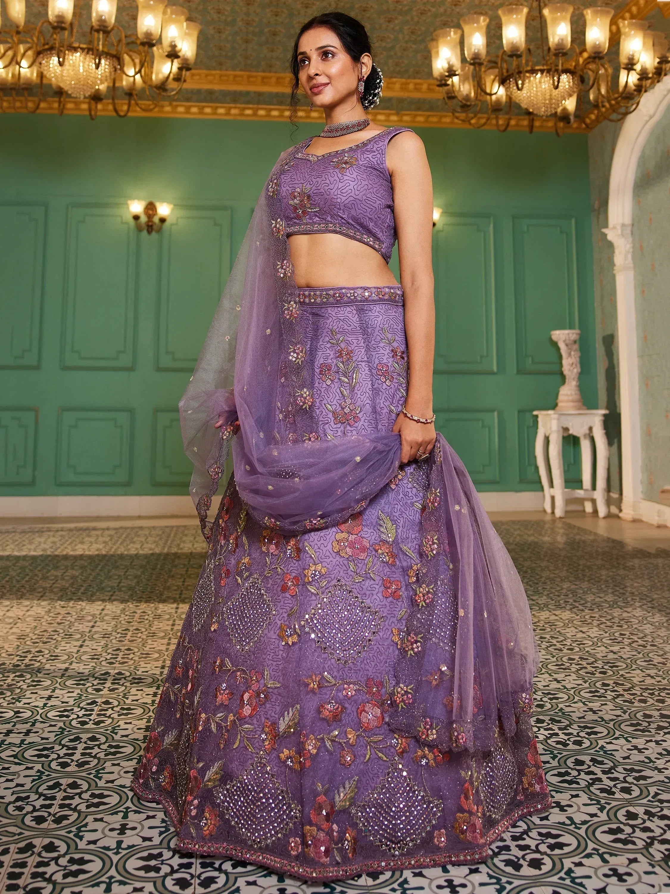 Purple floral embroidered lehenga choli with dupatta, Indian ethnic wear for weddings and parties