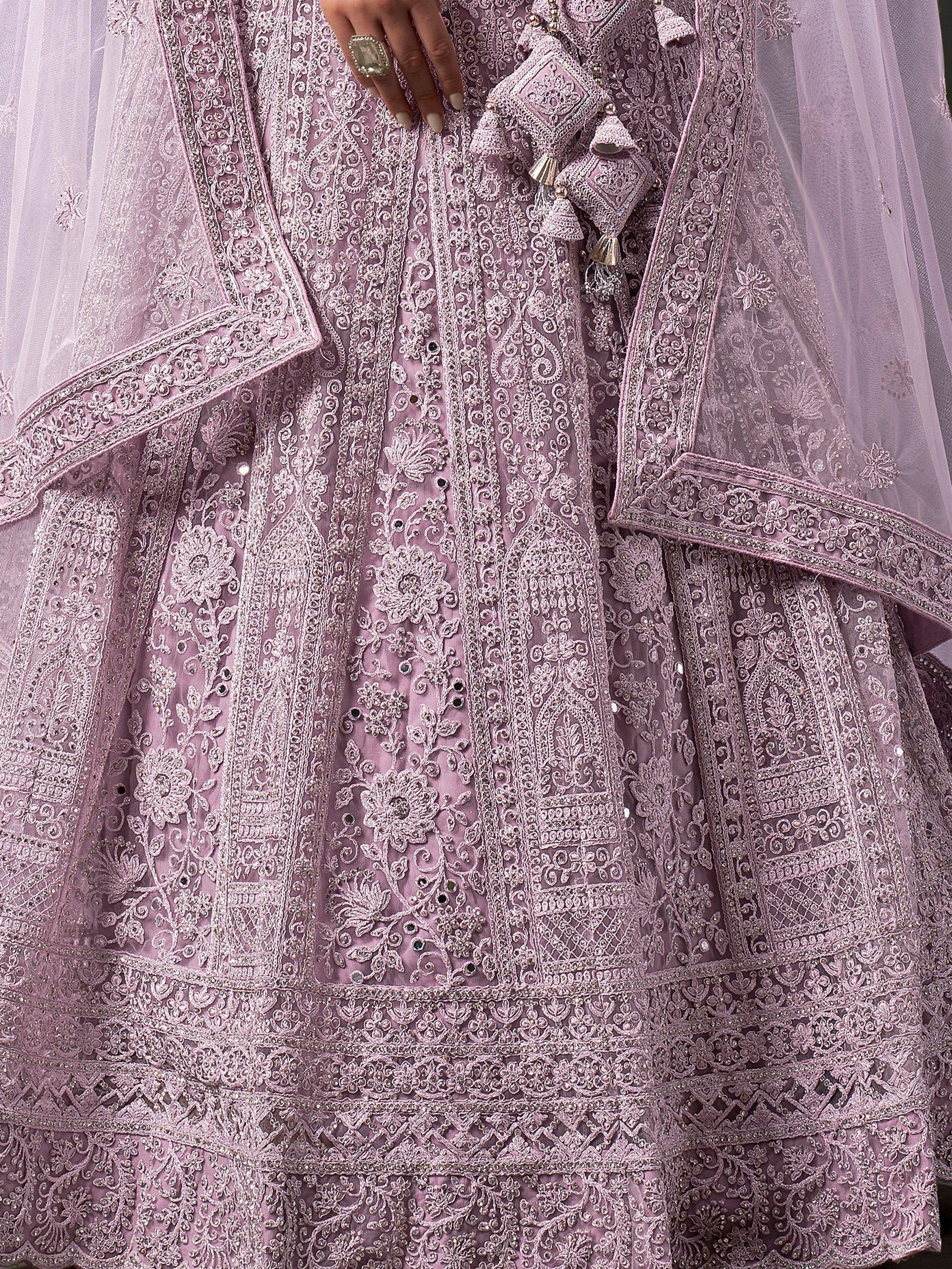 Lavender designer lehenga choli with intricate floral embroidery and sequin detailing, perfect for Indian weddings.
