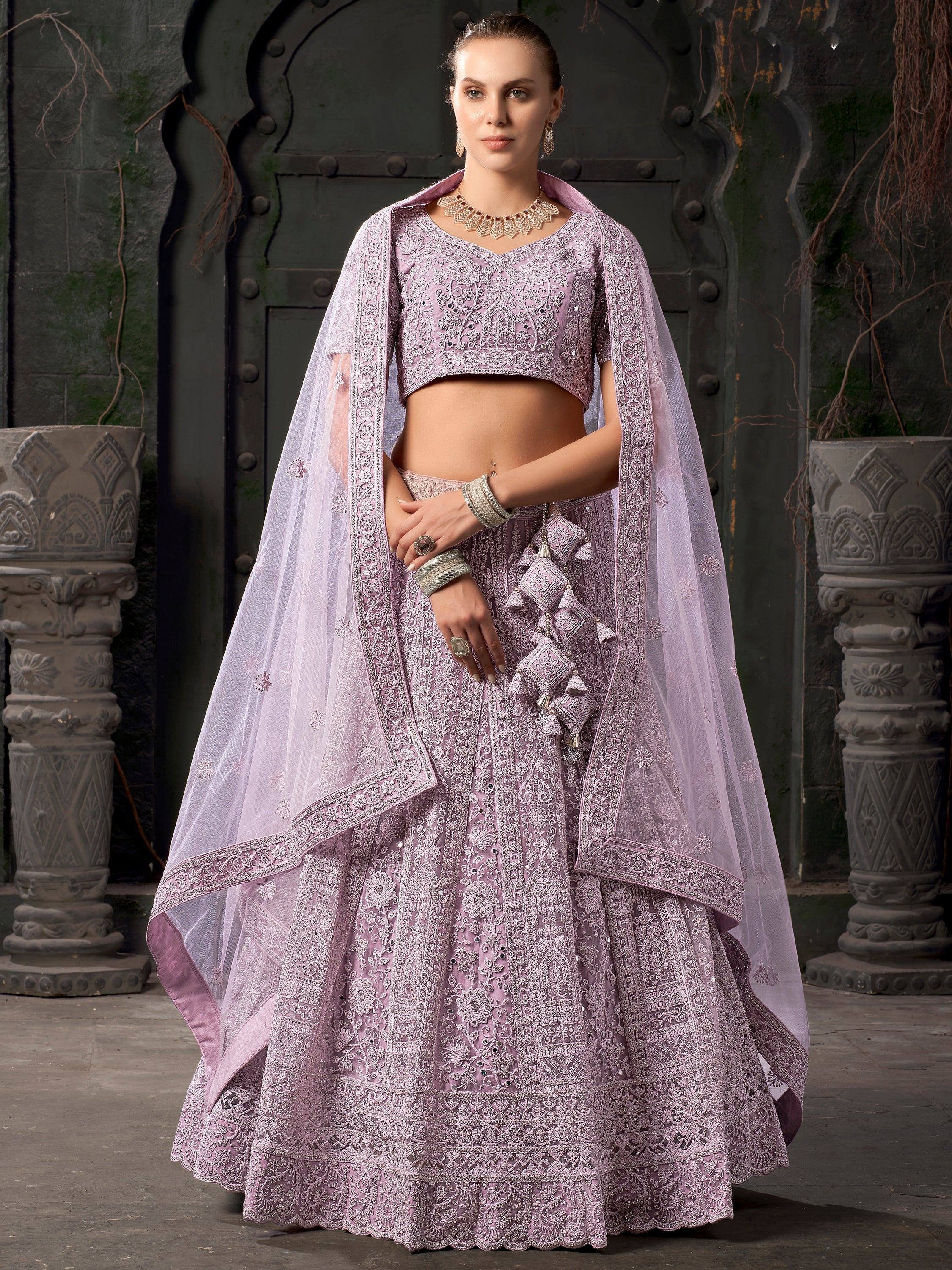 Lavender designer lehenga choli with intricate embroidery and sheer dupatta for Indian ethnic wear