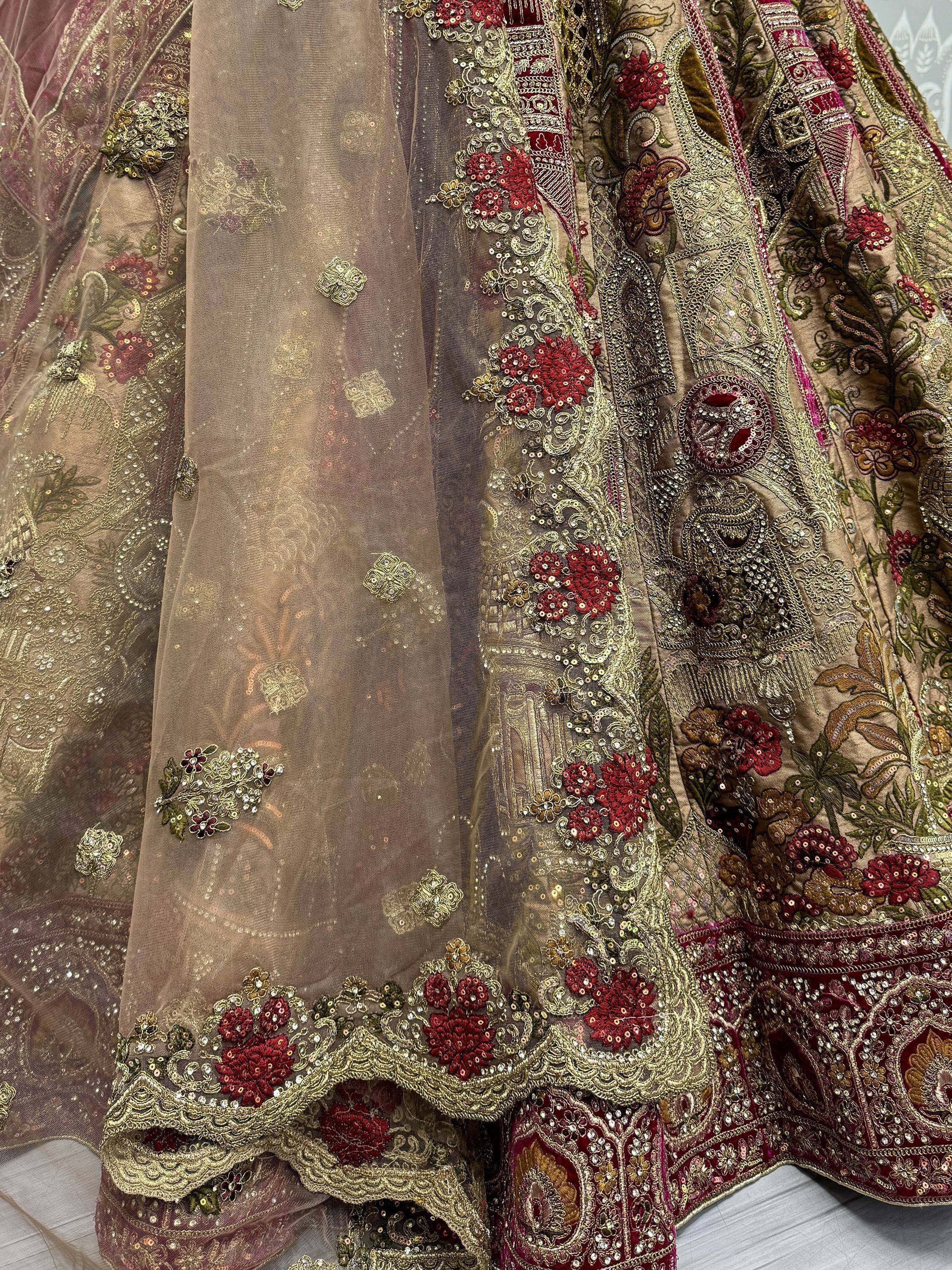 Luxury Indian lehenga choli with heavy floral embroidery, sequins, and sheer dupatta for weddings