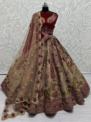 Adorable Maroon & Golden Velvet Bridal Lehenga Choli With Dupatta - Ethnic Plus In