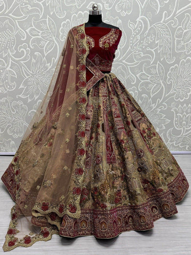 Adorable Maroon & Golden Velvet Bridal Lehenga Choli With Dupatta - Ethnic Plus In