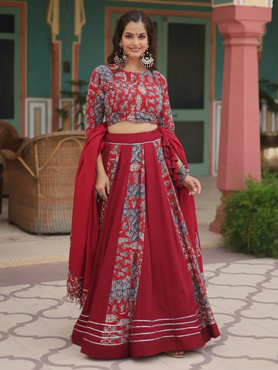 Adorable Maroon Printed Rayon Navratri Wear Lehenga Choli With Dupatta - Ethnic Plus In