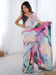 Adorable Multi Color Digital Printed Chinon Saree With Blouse - Ethnic Plus In