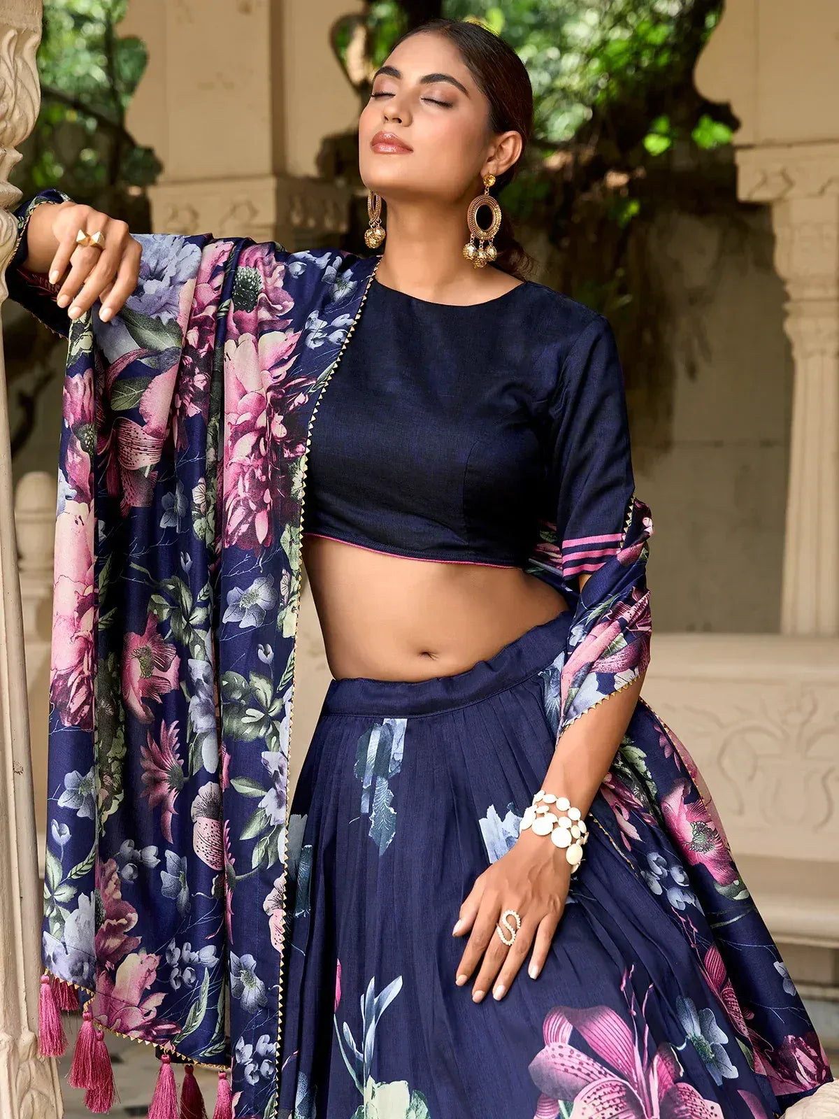Navy blue floral lehenga choli with matching dupatta, perfect for Indian ethnic wear occasions