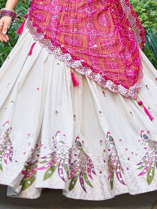 White lehenga with peacock embroidery and pink dupatta, Indian ethnic wear