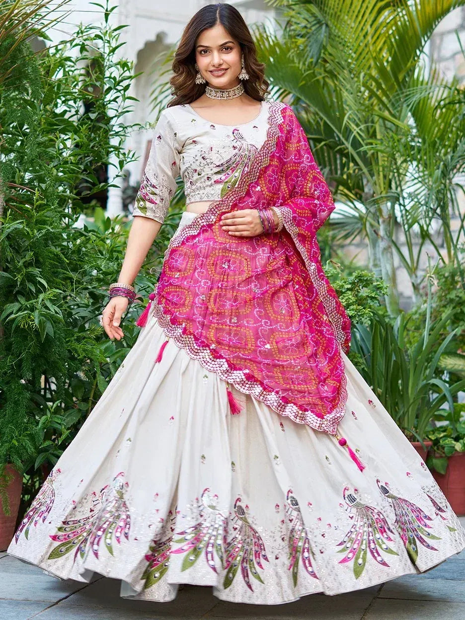 White lehenga choli with peacock embroidery and pink dupatta, Indian ethnic wear for women