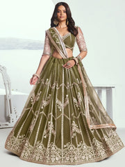 Adorable Olive Green Sequins Net Mehendi Wear Lehenga Choli - Ethnic Plus In