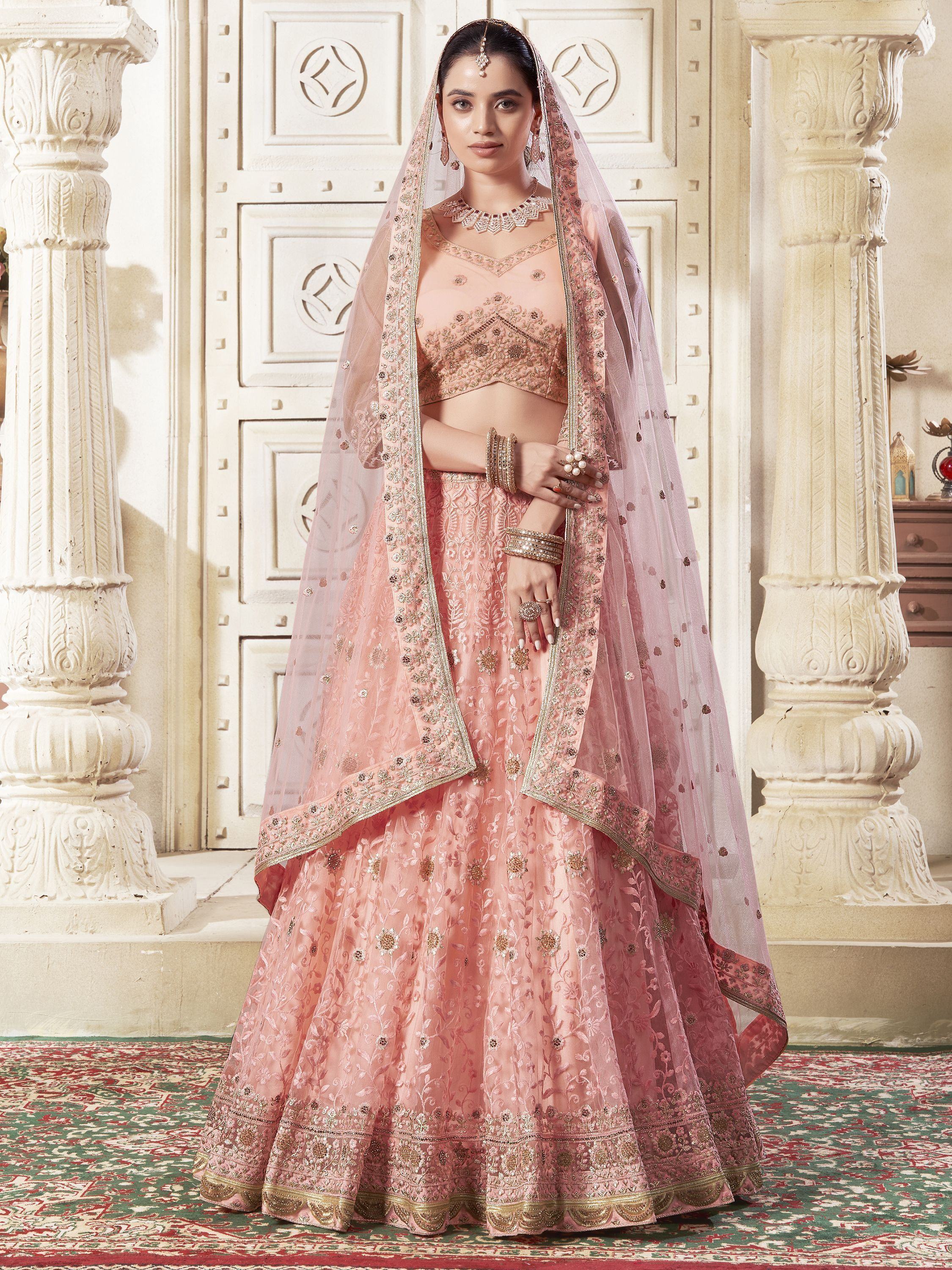 Pink embroidered lehenga choli with dupatta, Indian ethnic bridal wear