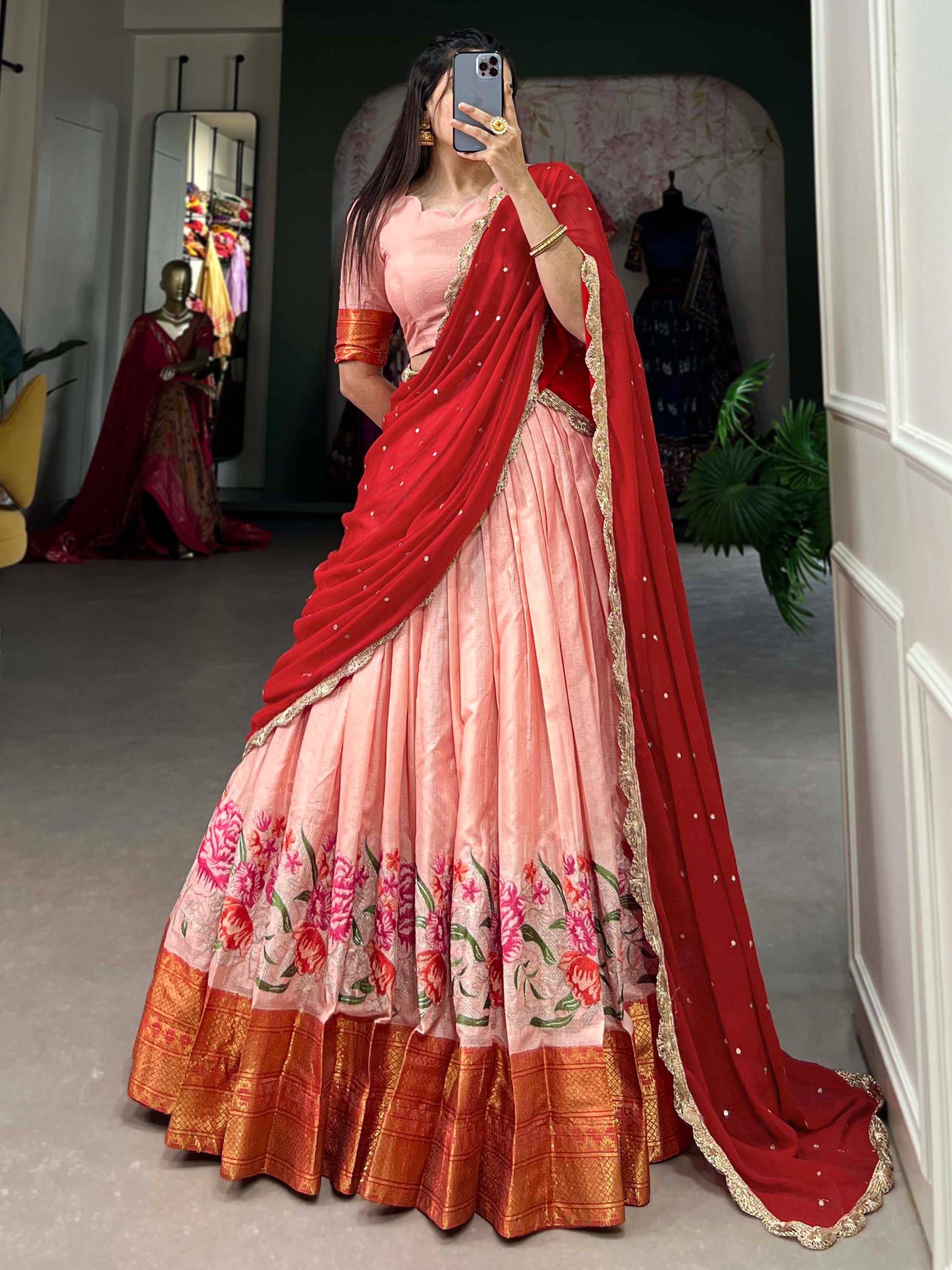 Pink floral lehenga choli with red dupatta, ethnic Indian wear for weddings and festivals