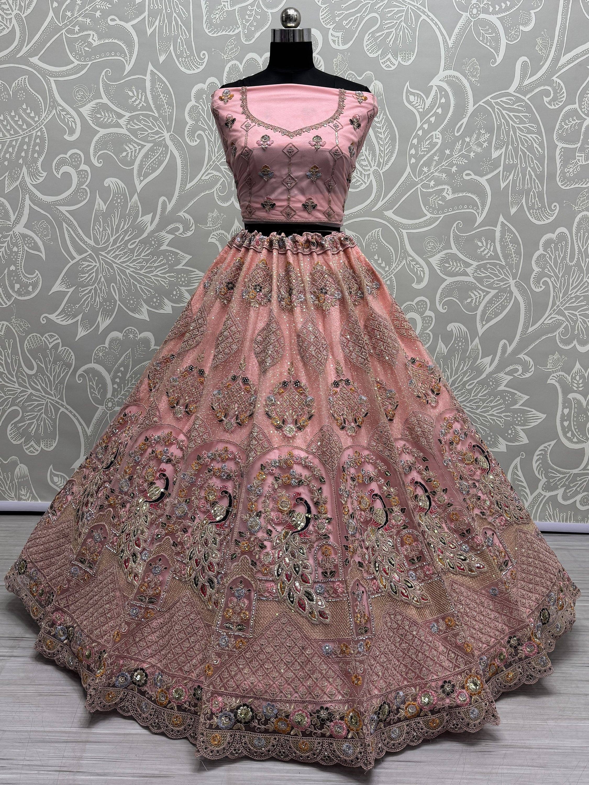 Pink designer lehenga choli with peacock embroidery and sequin work, ethnic wear for weddings