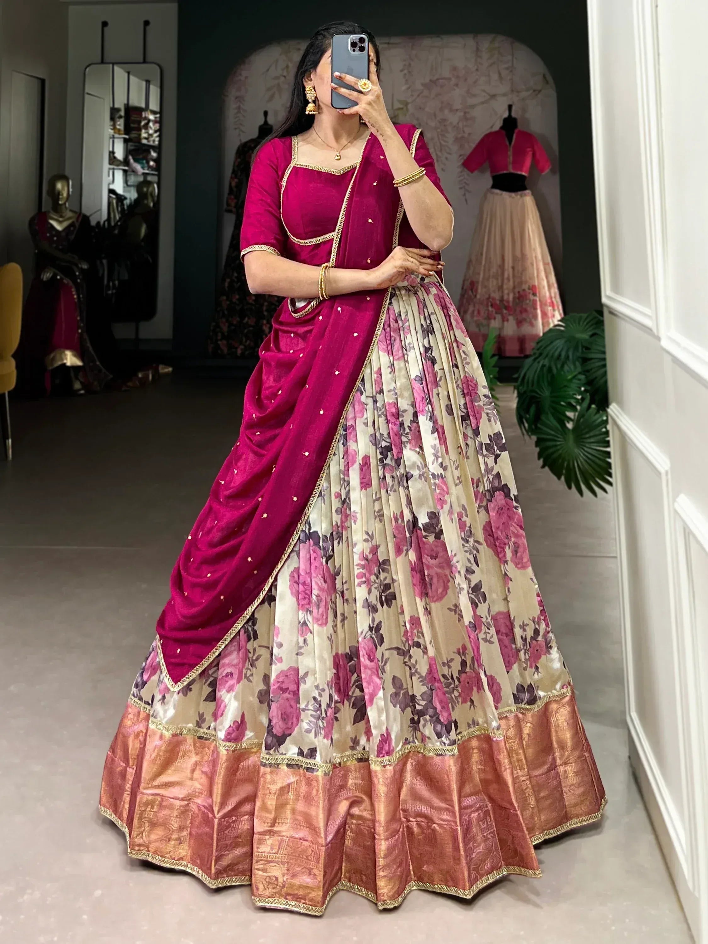 Pink floral print lehenga choli with ruffled skirt, perfect for Indian ethnic wear occasions