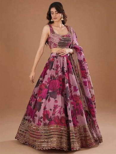 Adorable Pink Floral Printed Organza Bridesmaid Lehenga Choli - Ethnic Plus In