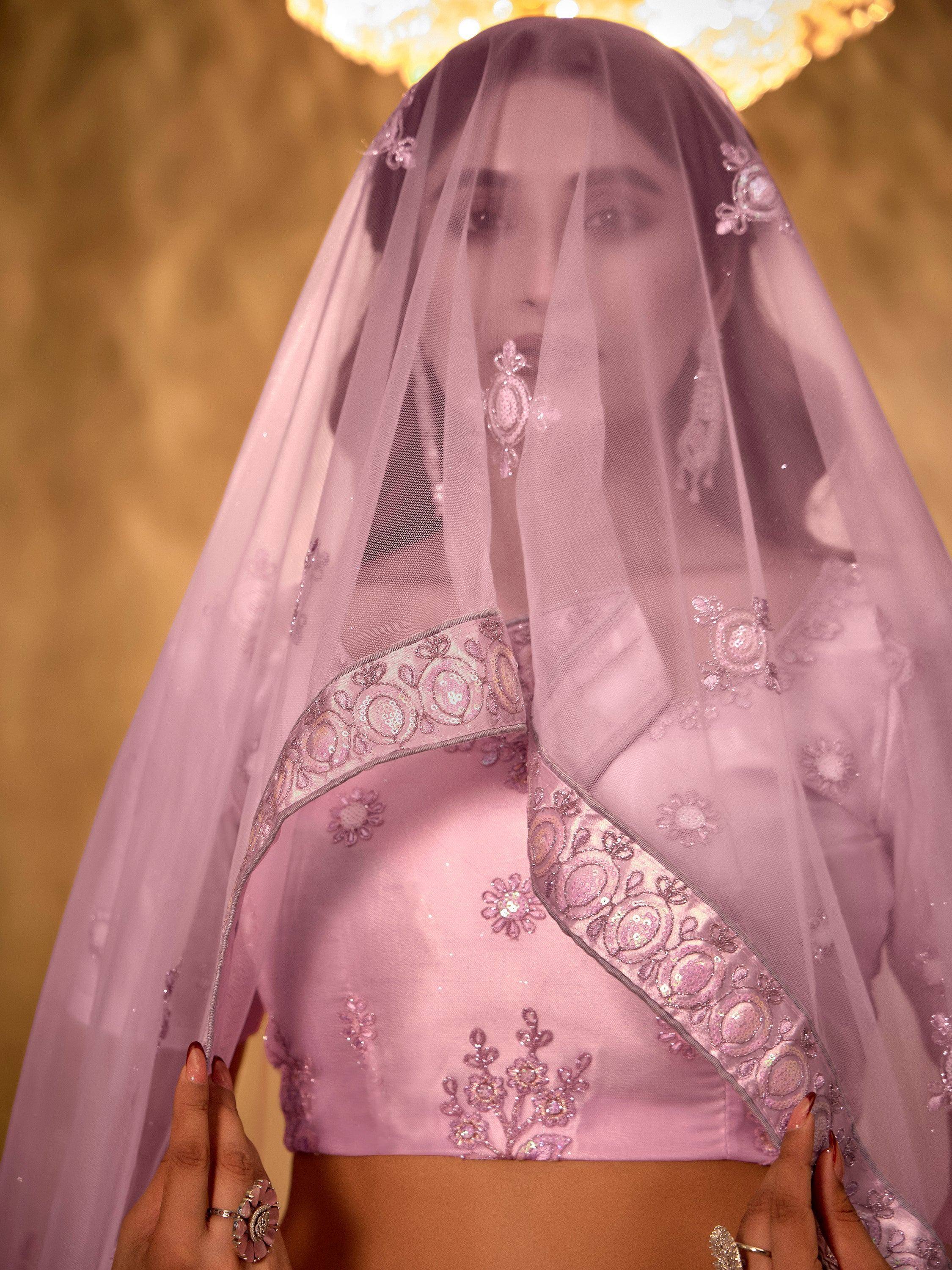 Pink embroidered lehenga choli with sheer dupatta, Indian ethnic wear for weddings