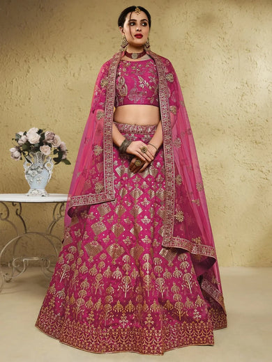 Adorable Pink Thread Embroidered Silk Lehenga Choli With Net Dupatta - Ethnic Plus In