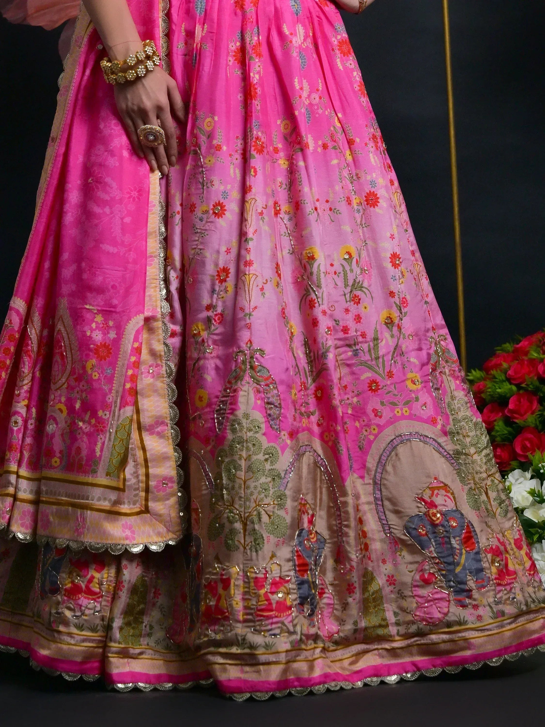 Pink floral lehenga with elephant embroidery, traditional Indian ethnic wear for weddings and festivals