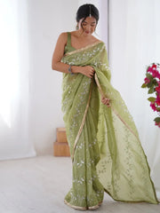 Adorable Pista Green Sequins Organza Saree With Blouse - Ethnic Plus In