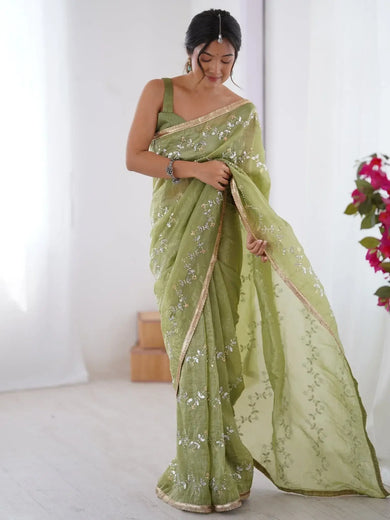 Adorable Pista Green Sequins Organza Saree With Blouse - Ethnic Plus In