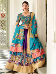 Adorable Purple Kalamkari Print Dola Silk Lehenga With Teal Blue Choli - Ethnic Plus In
