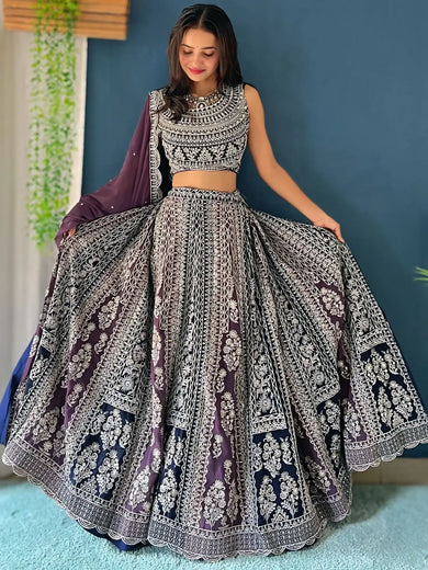 Adorable Purple Sequins Work Georgette Wedding Lehenga Choli - Ethnic Plus In