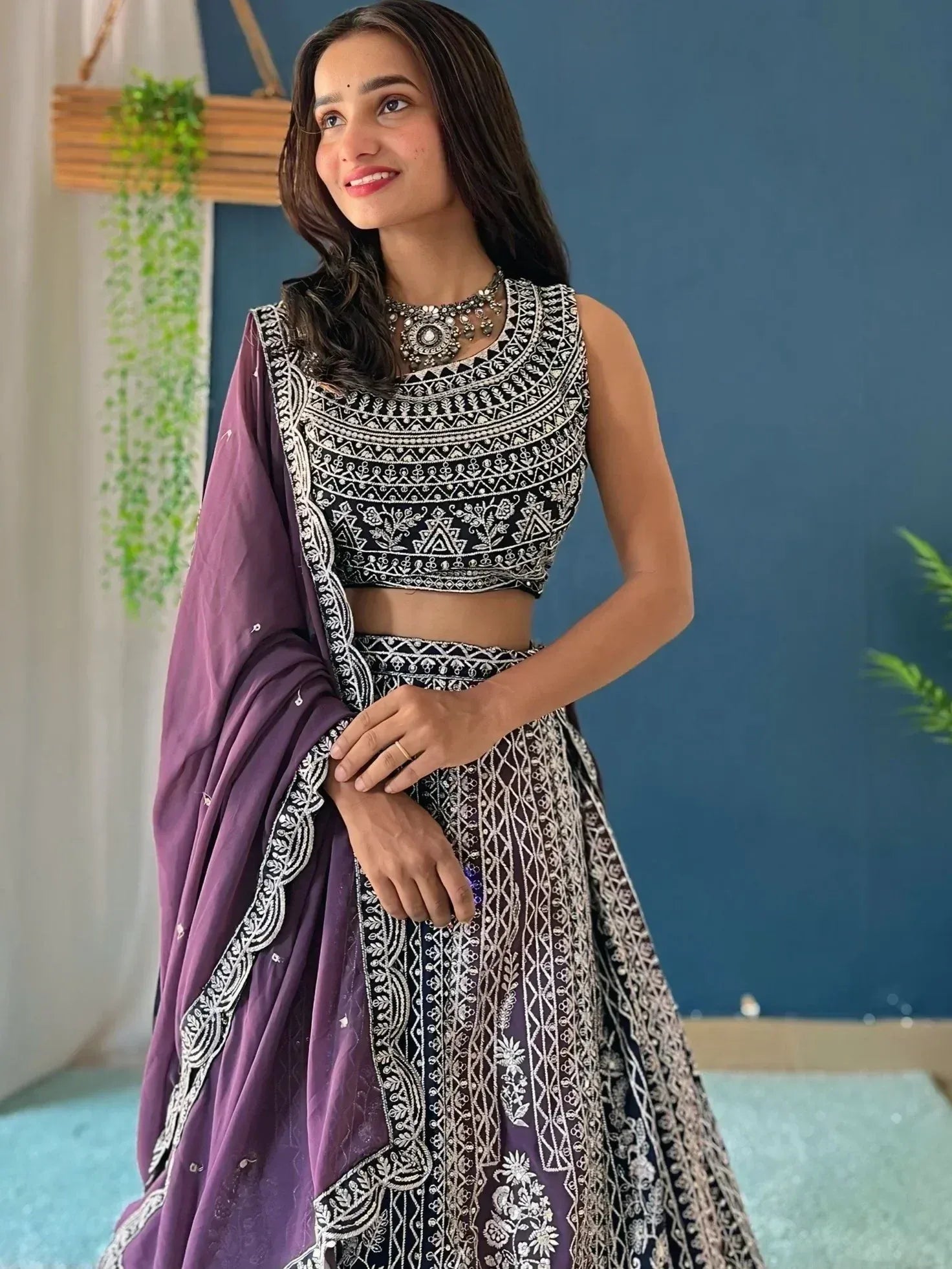 Black and white embroidered lehenga choli with purple dupatta, Indian ethnic wear for women