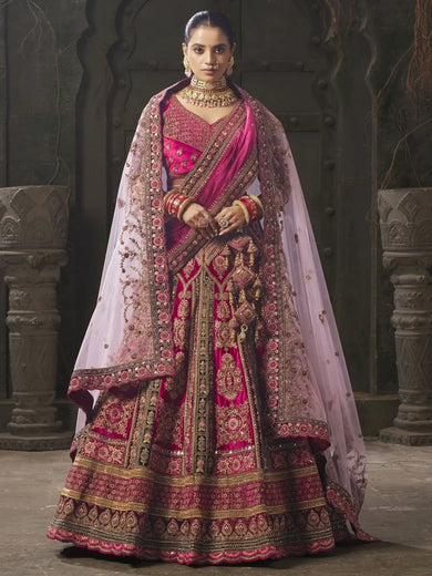Adorable Rani Pink Codding Velvet Bridal Lehenga Choli With Double Dupatta - Ethnic Plus In