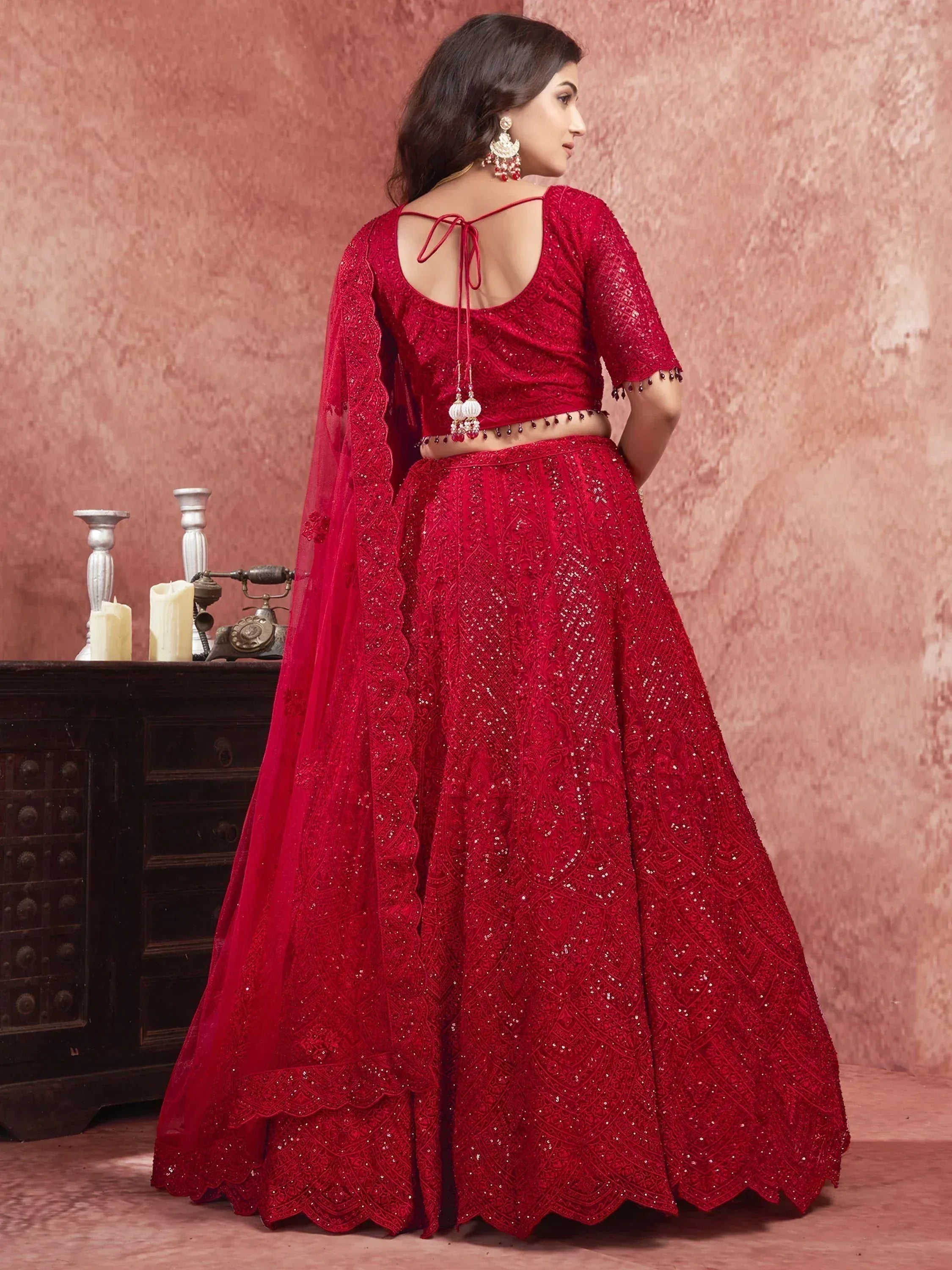 Red sequined lehenga choli with back tie blouse and dupatta, Indian ethnic wear