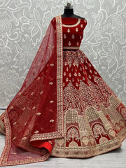 Adorable Red Embroidered Velvet Bridal Lehenga Choli With Dupatta - Ethnic Plus In