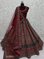 Adorable Red Velvet Thread Embroidered Bridal Lehenga Choli With Dupatta - Ethnic Plus In