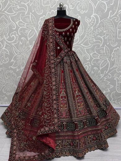 Adorable Red Velvet Thread Embroidered Bridal Lehenga Choli With Dupatta - Ethnic Plus In