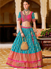 Adorable Sky - Blue Foil Printed Silk Designer Lehenga Choli With Dupatta - Ethnic Plus In