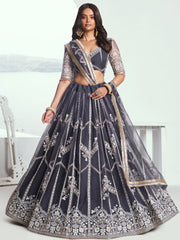 Adorable Slate Grey Embroidered Net Engagement Wear Lehenga Choli - Ethnic Plus In