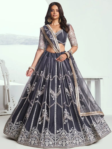 Adorable Slate Grey Embroidered Net Engagement Wear Lehenga Choli - Ethnic Plus In