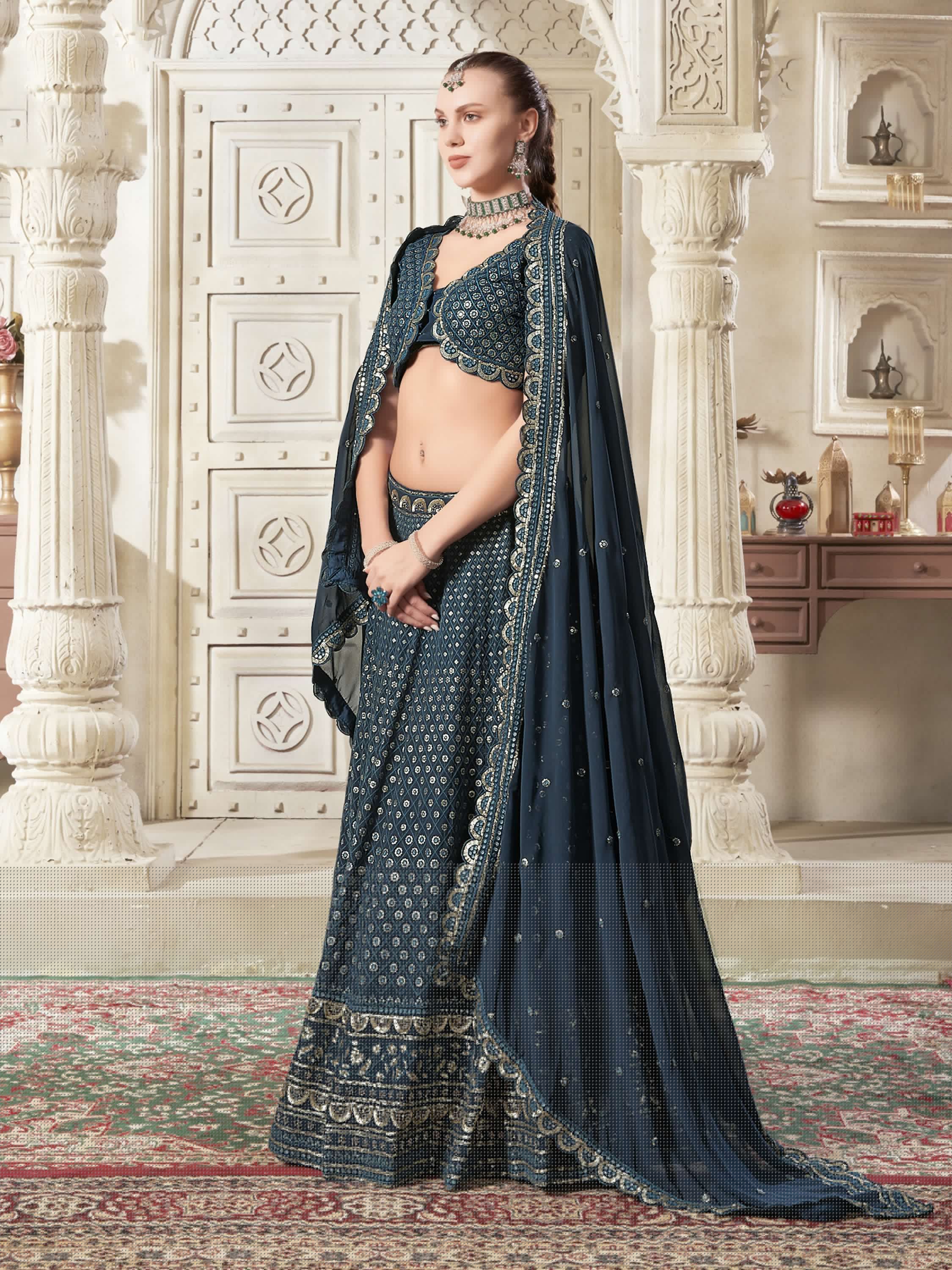 Adorable Teal Blue Thread Work Georgette Function Wear Lehenga Choli - Ethnic Plus In