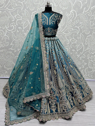 Adorable Teal Blue Velvet Bridal Lehenga Choli With Dupatta - Ethnic Plus In