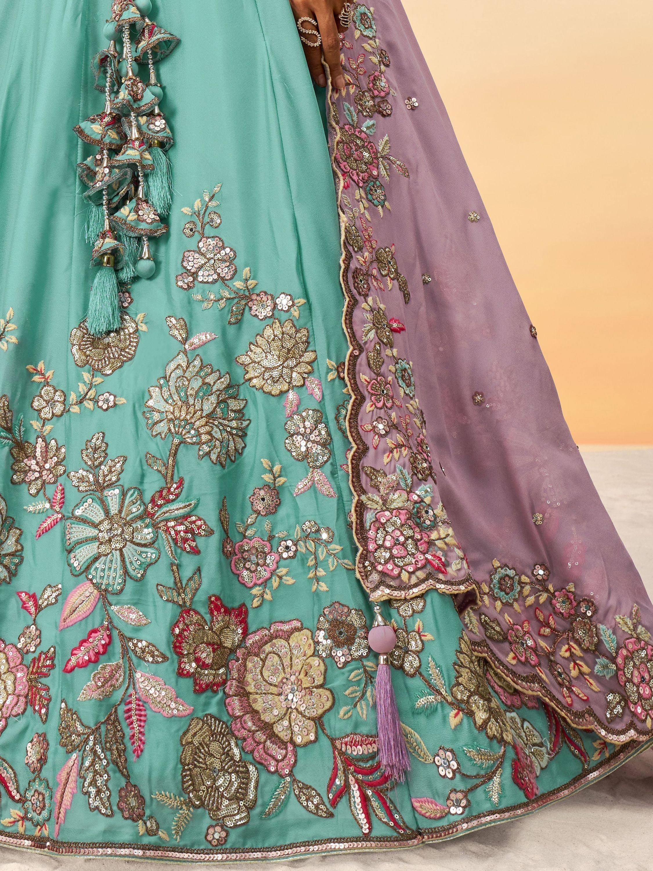 Mint green lehenga with floral sequin embroidery and purple dupatta, Indian ethnic wear