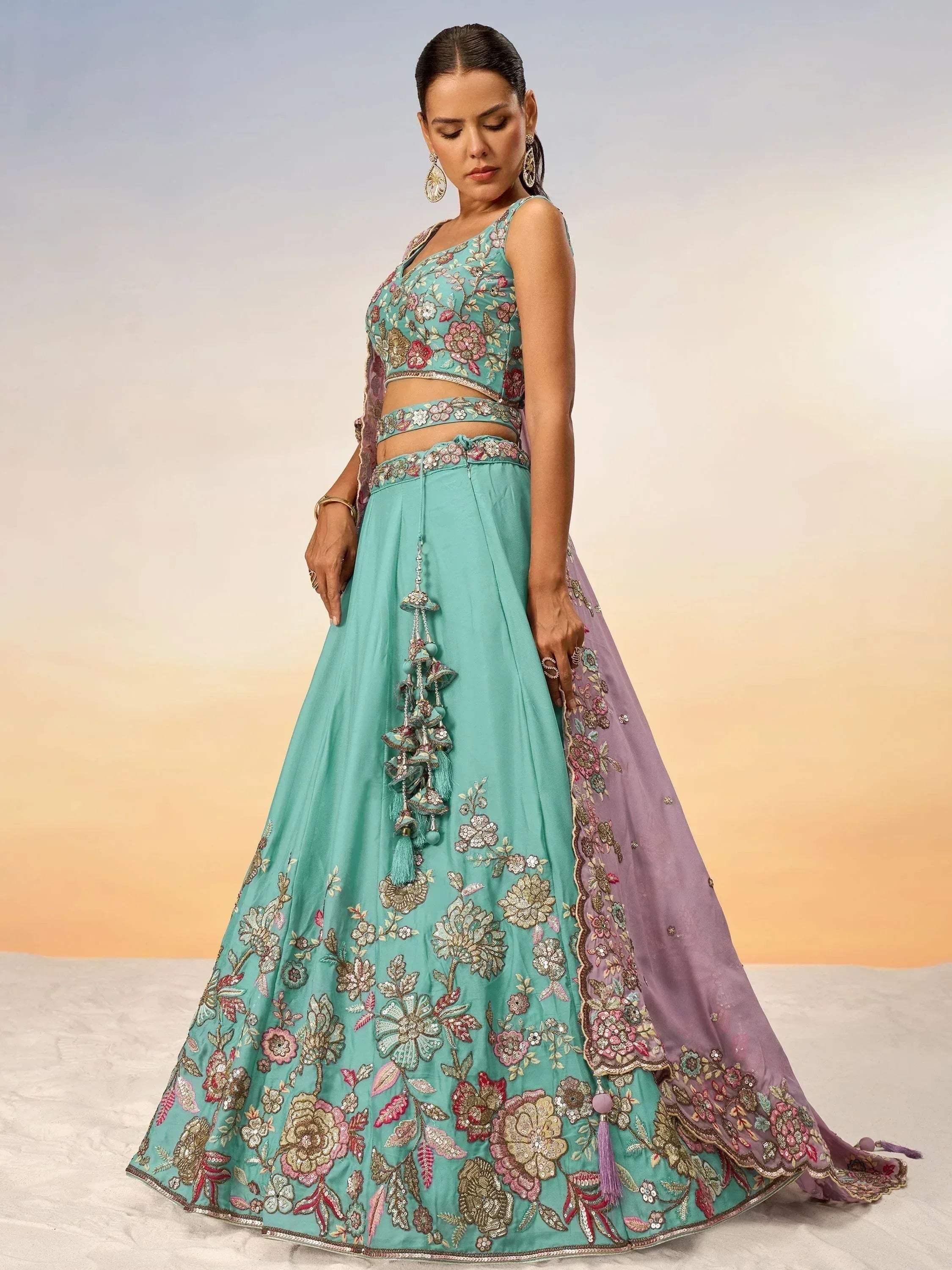 Turquoise floral embroidered lehenga choli with purple dupatta, Indian ethnic wear for weddings