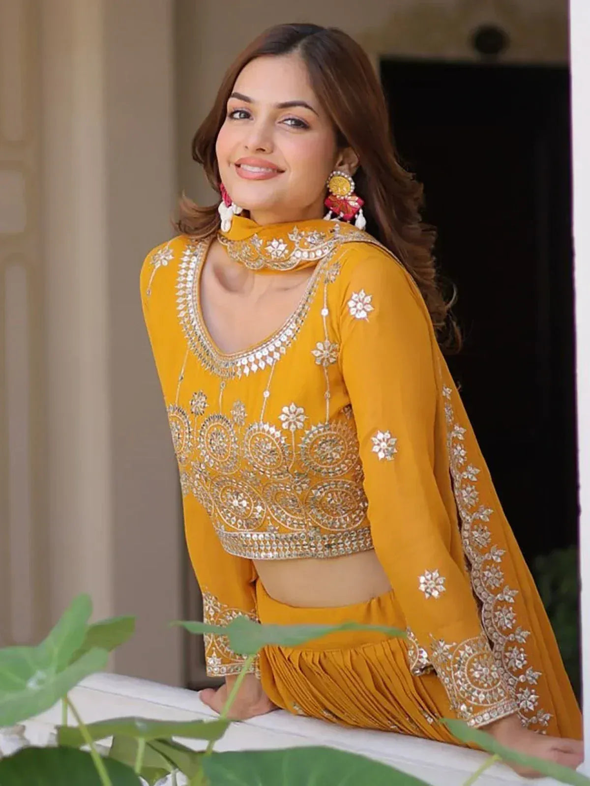 Yellow embroidered ethnic crop top with matching palazzo pants, perfect for Indian festive wear