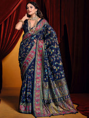 Adorable Navy-Blue Printed Tussar Silk Casual Wear Saree With Blouse