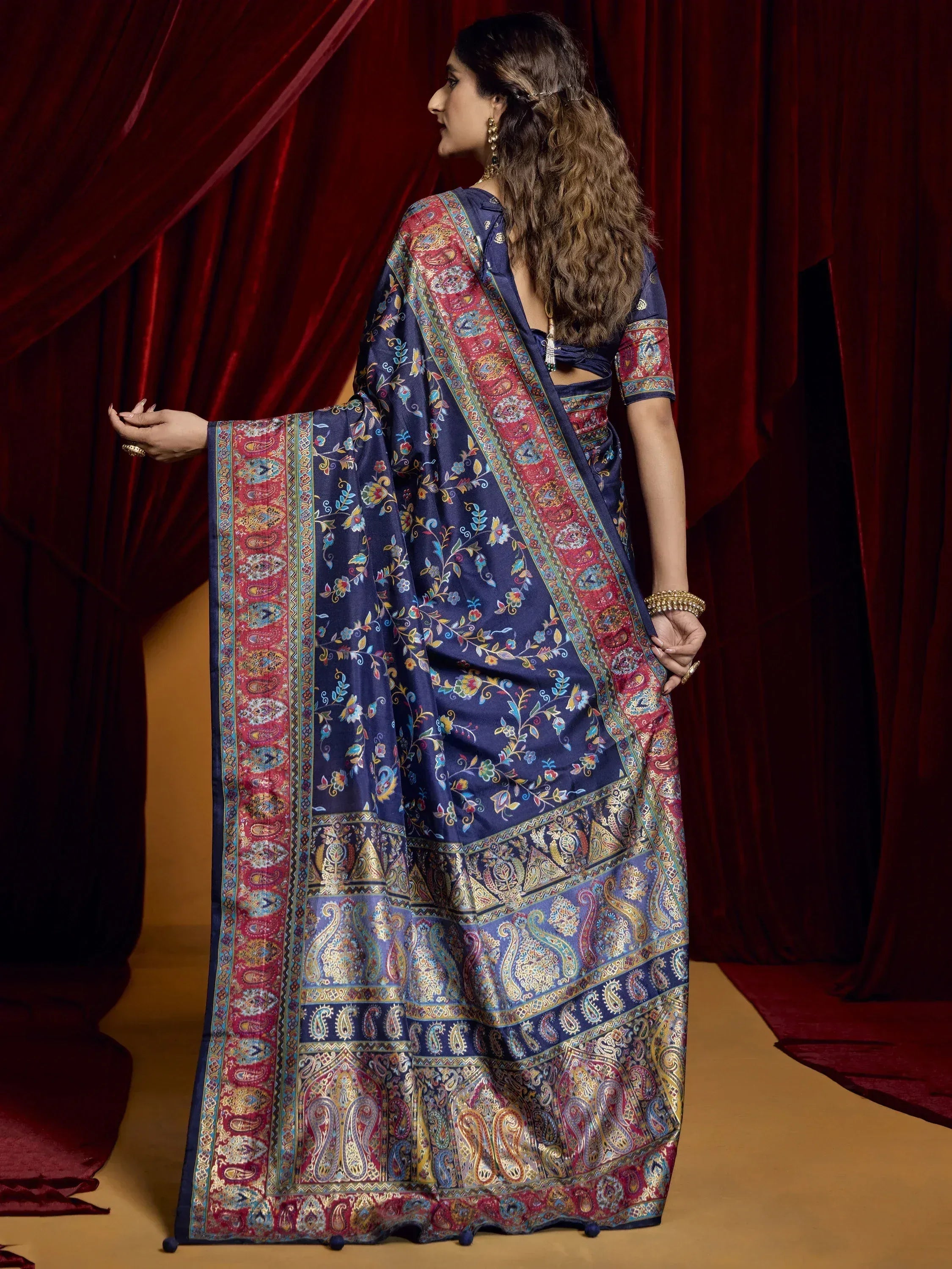 Navy blue floral and paisley saree with rich border, Indian ethnic wear for women